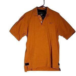 Orvis Mens Orange Polo Shirt W/ Black‎ Patches Made In Peru L-T